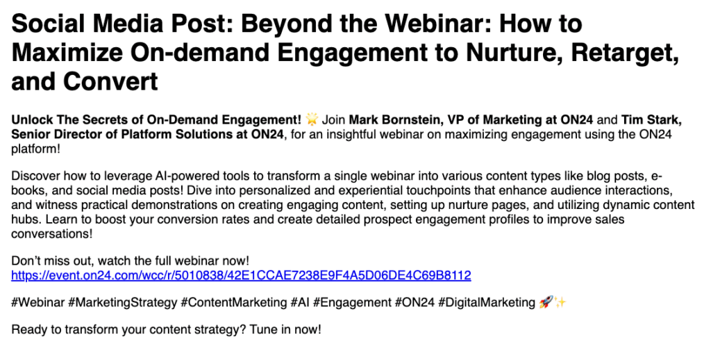 Details of a social media post to promote an ON24 on-demand webinar