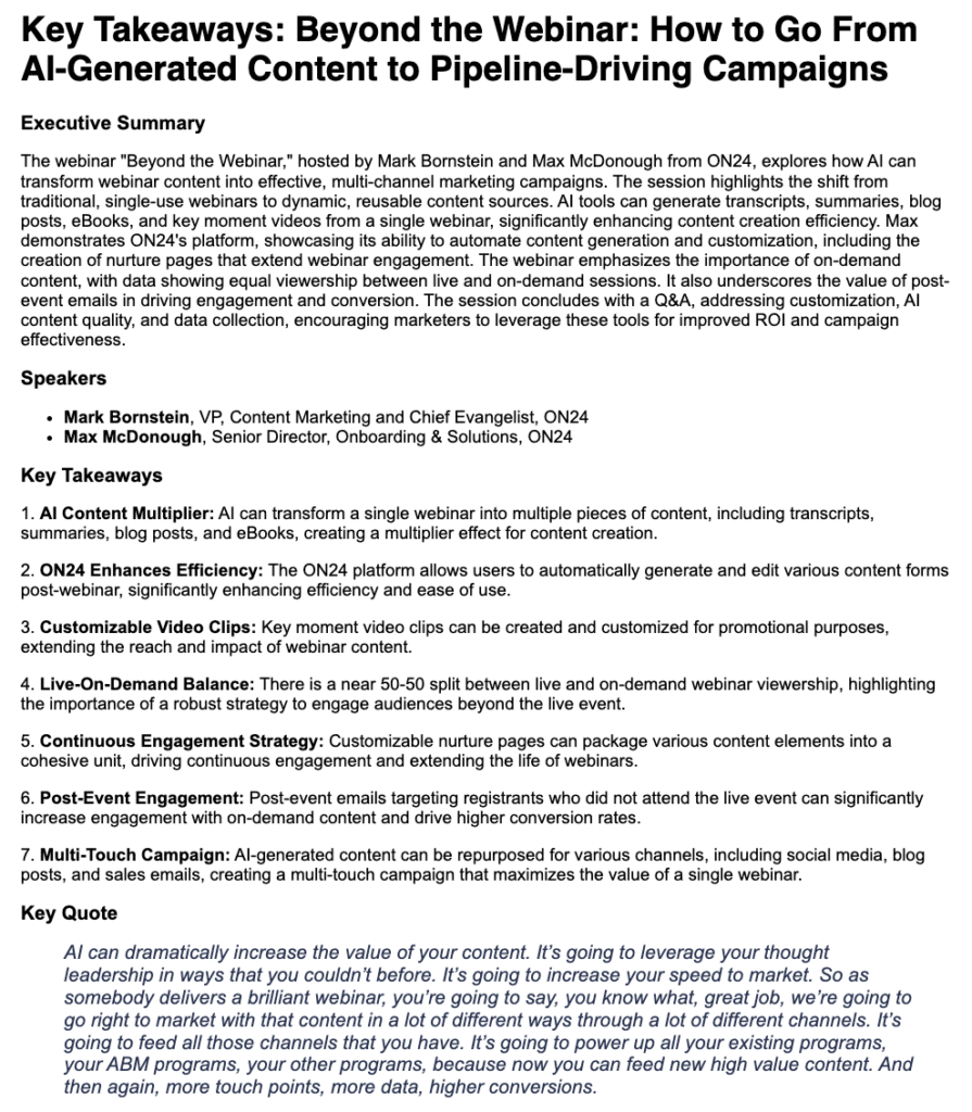 ON24 AI-generated Key Takeaways from webinar