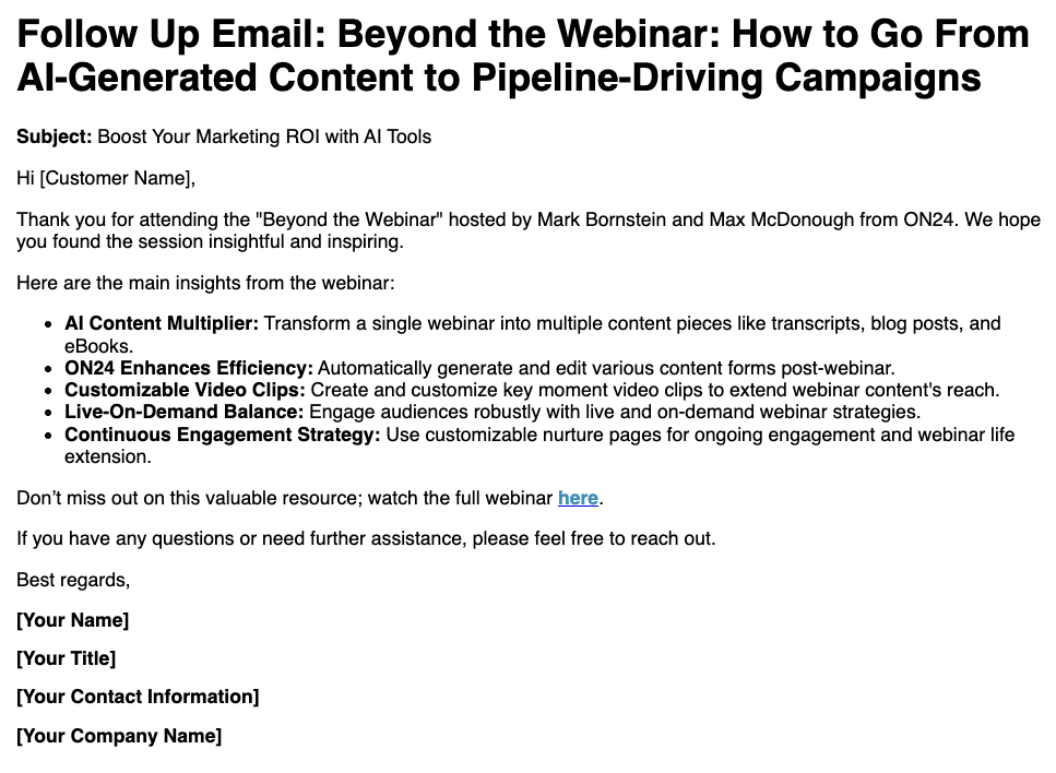 ON24 AI-generated follow up email from webinar