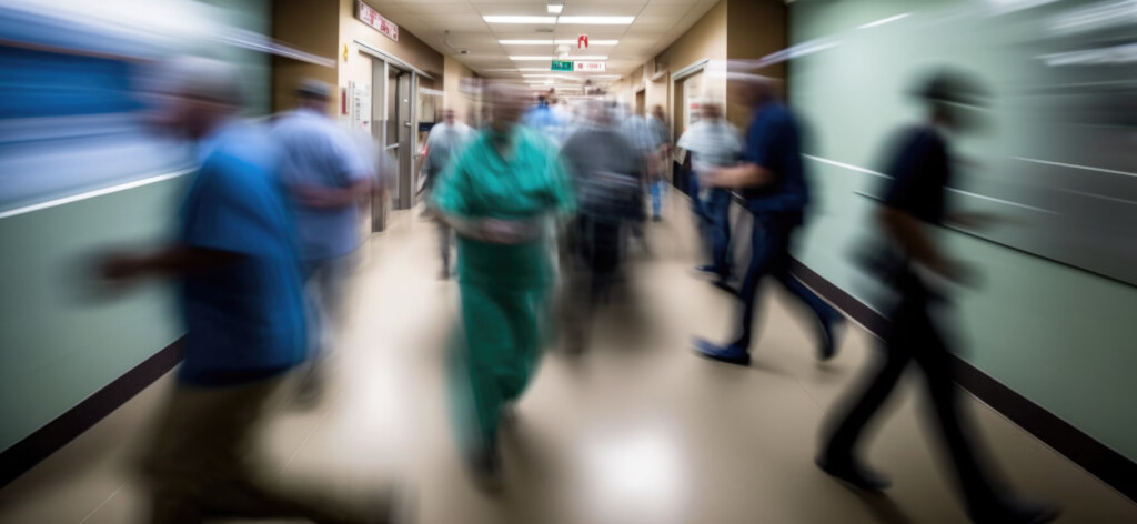 Doctors and healthcare workers rush in a busy hospital