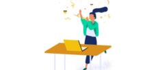 cartoon drawing of woman at desk with computer